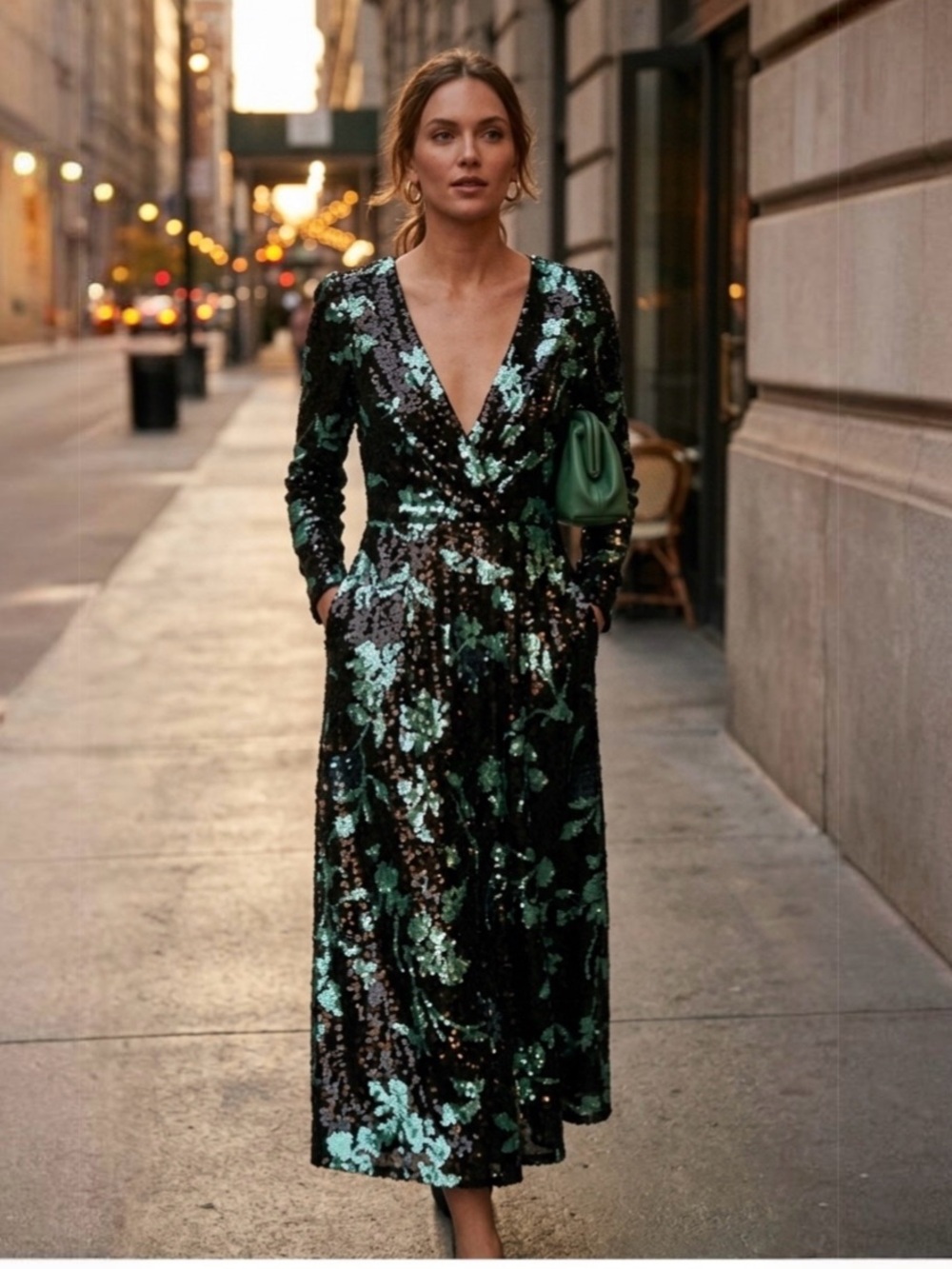 Self-Portrait NWT Sequin Dark Mandala Twist Midi Dress Green Black 4 S